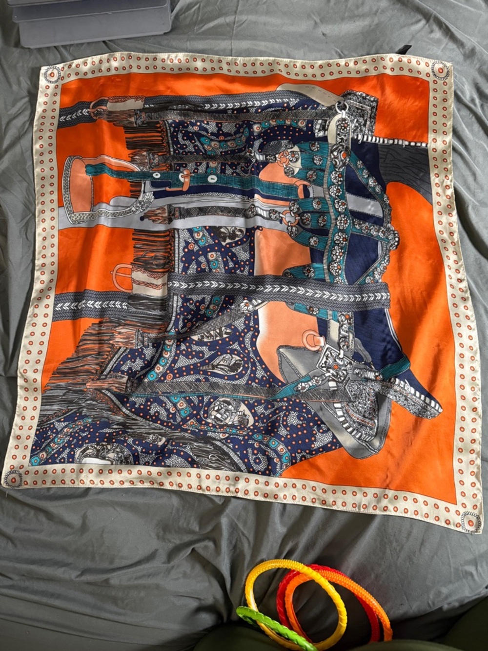 Luxury 100% Silk Square Scarf - Orange Equestrian Saddle